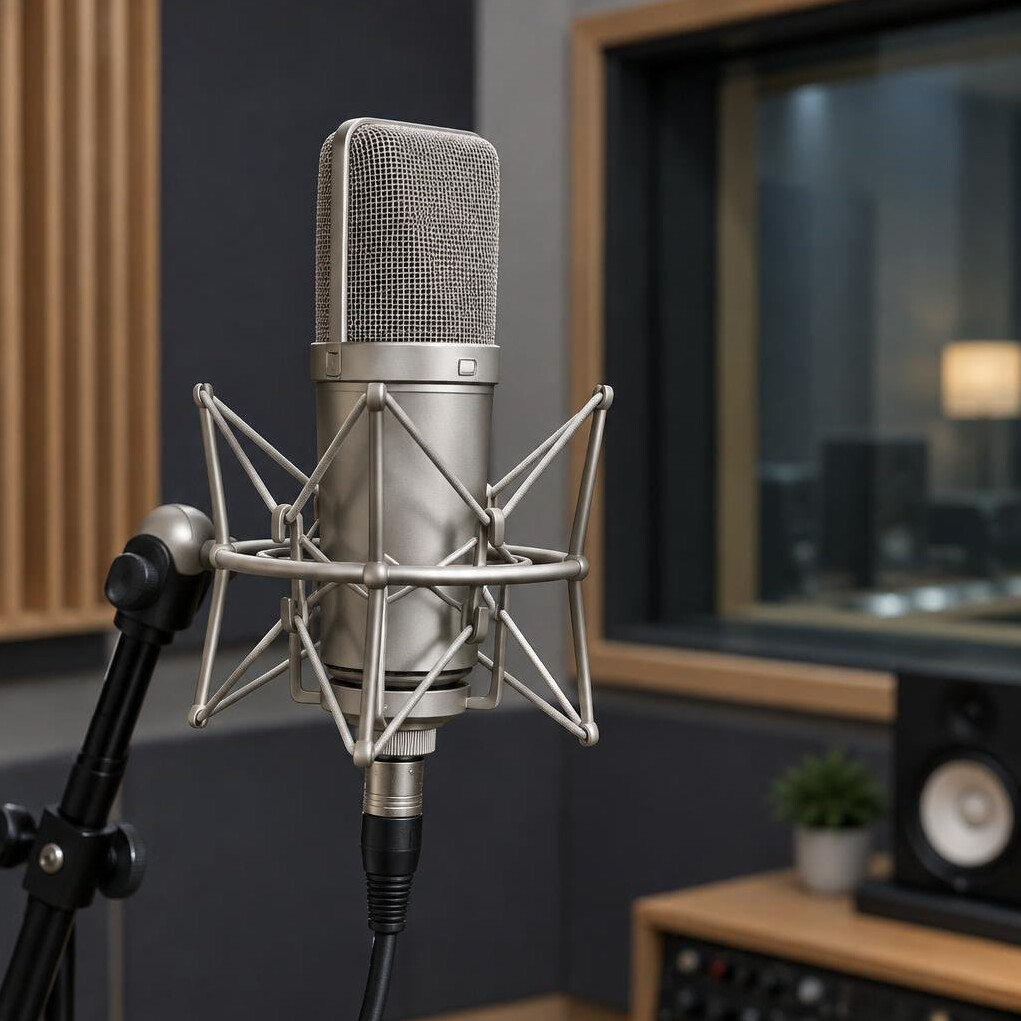 Microphone on a stand in a recording studio
