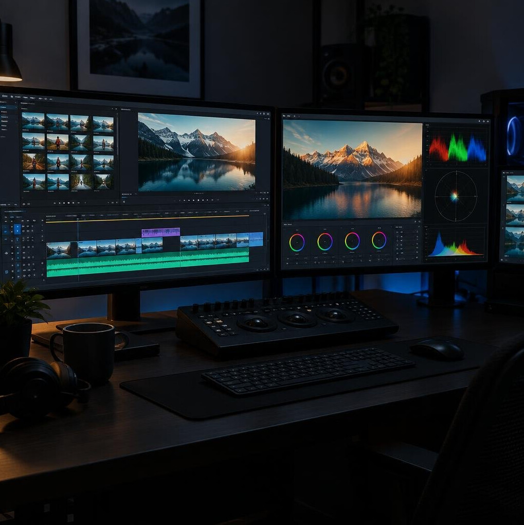 Video editing workstation with multiple monitors