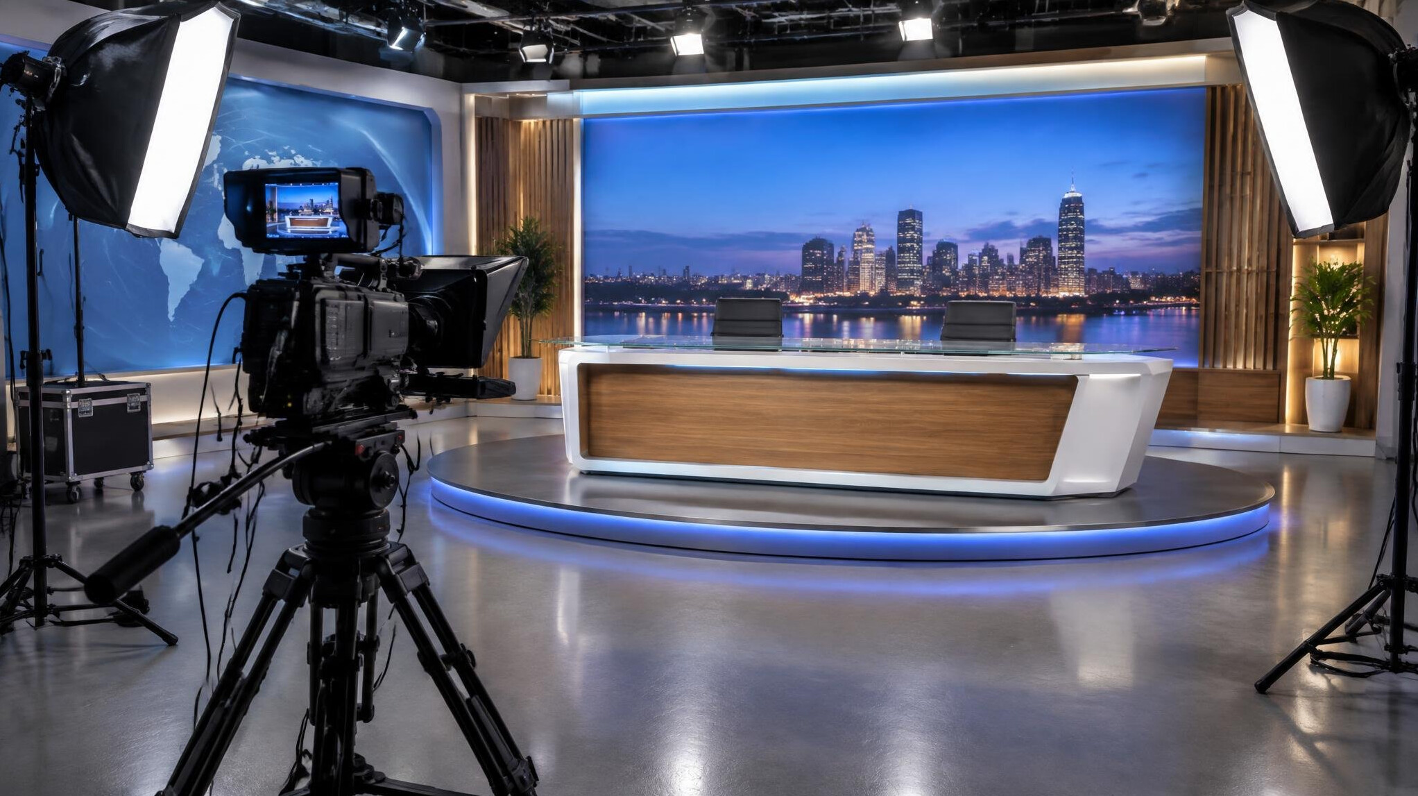 Professional video camera on a tripod in a broadcast studio