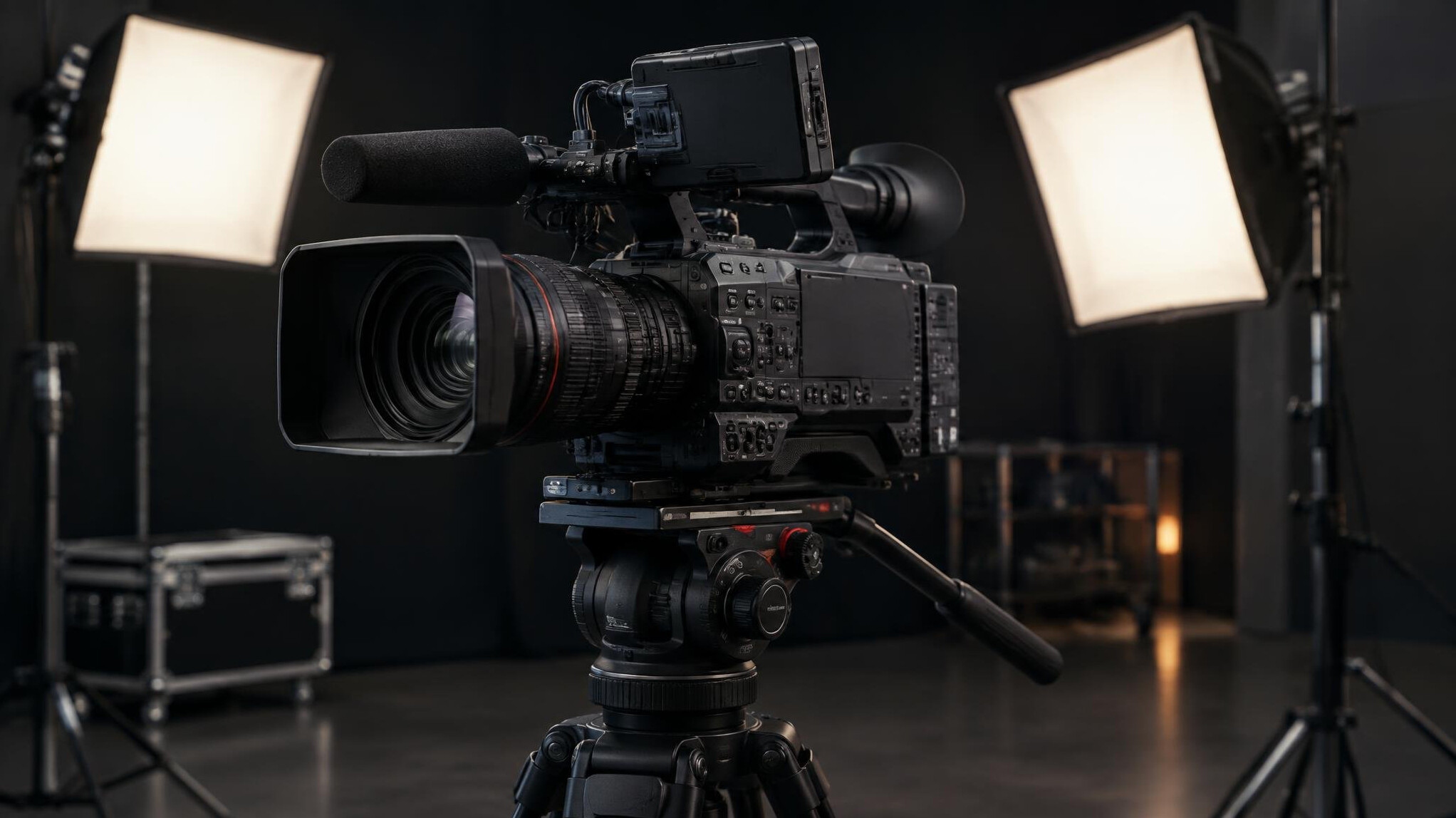 Broadcast video camera with softbox lights in background
