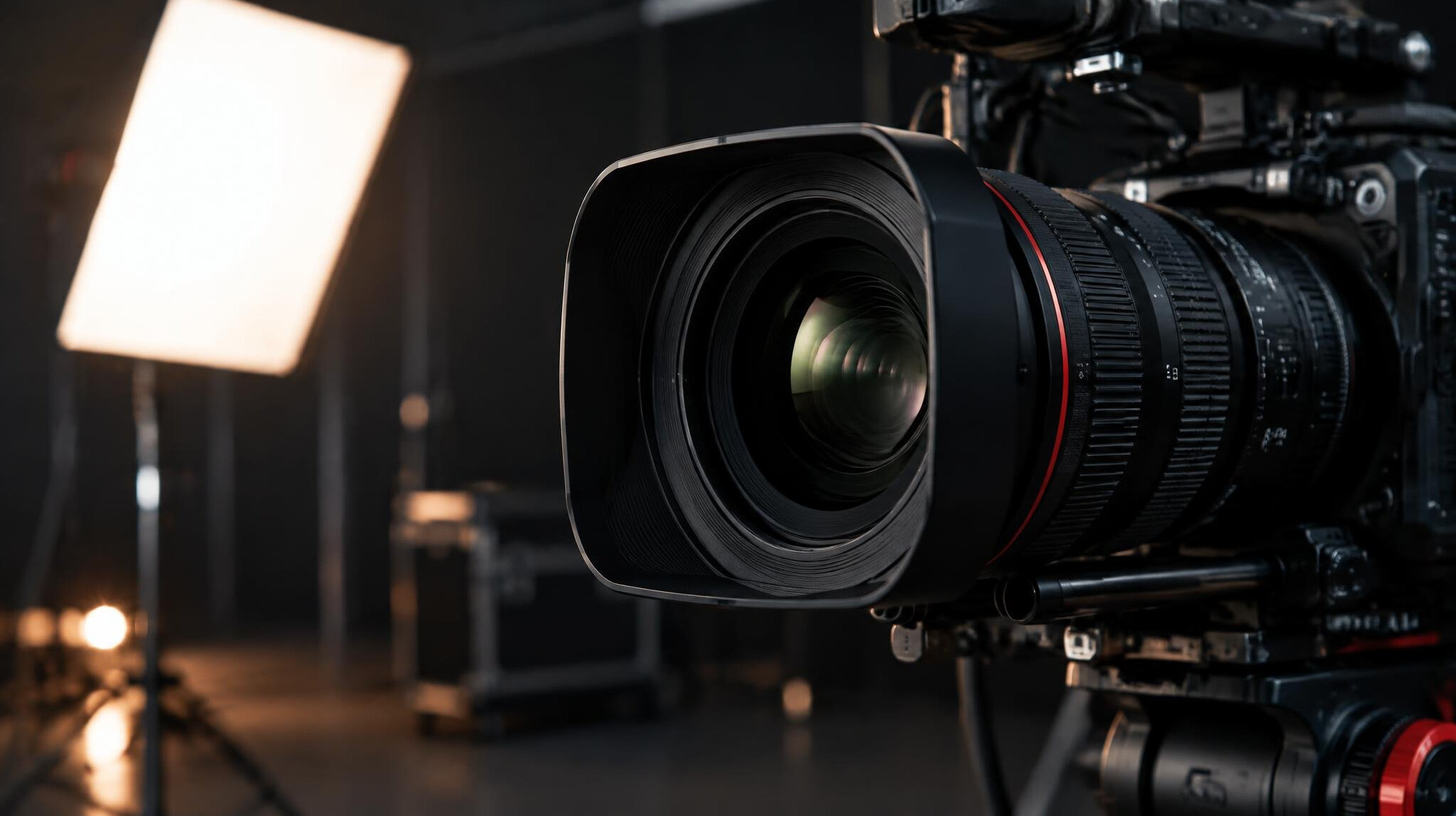 Close-up of a camera lens with softbox lighting