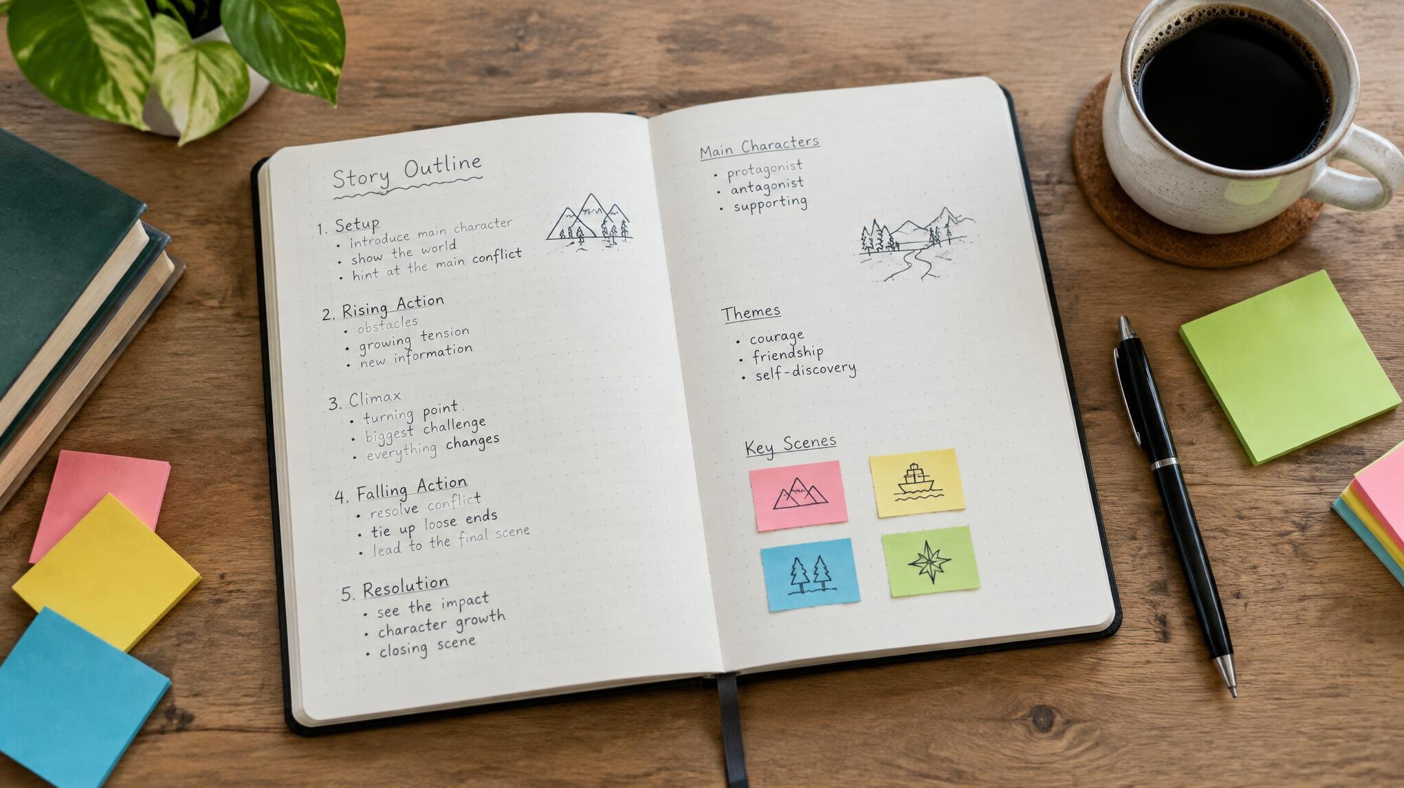 Notebook with story outline and sticky notes