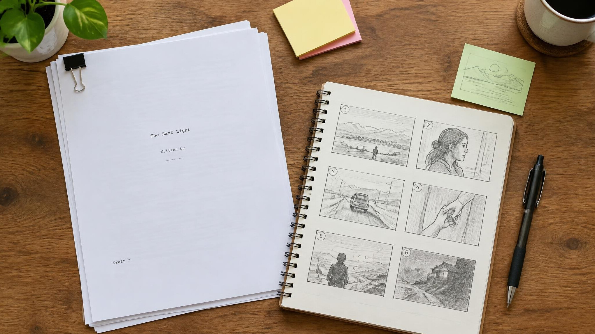 Script pages and storyboard notes on a desk