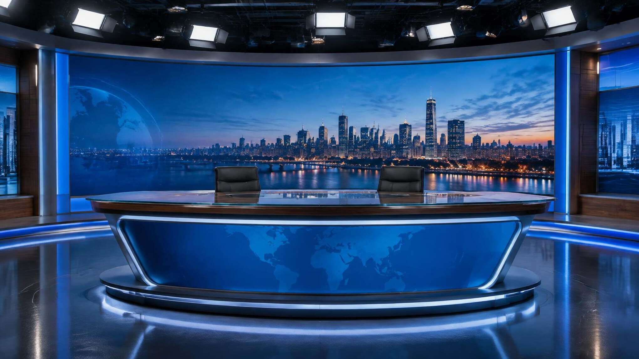 Empty news studio presenter desk with lighting
