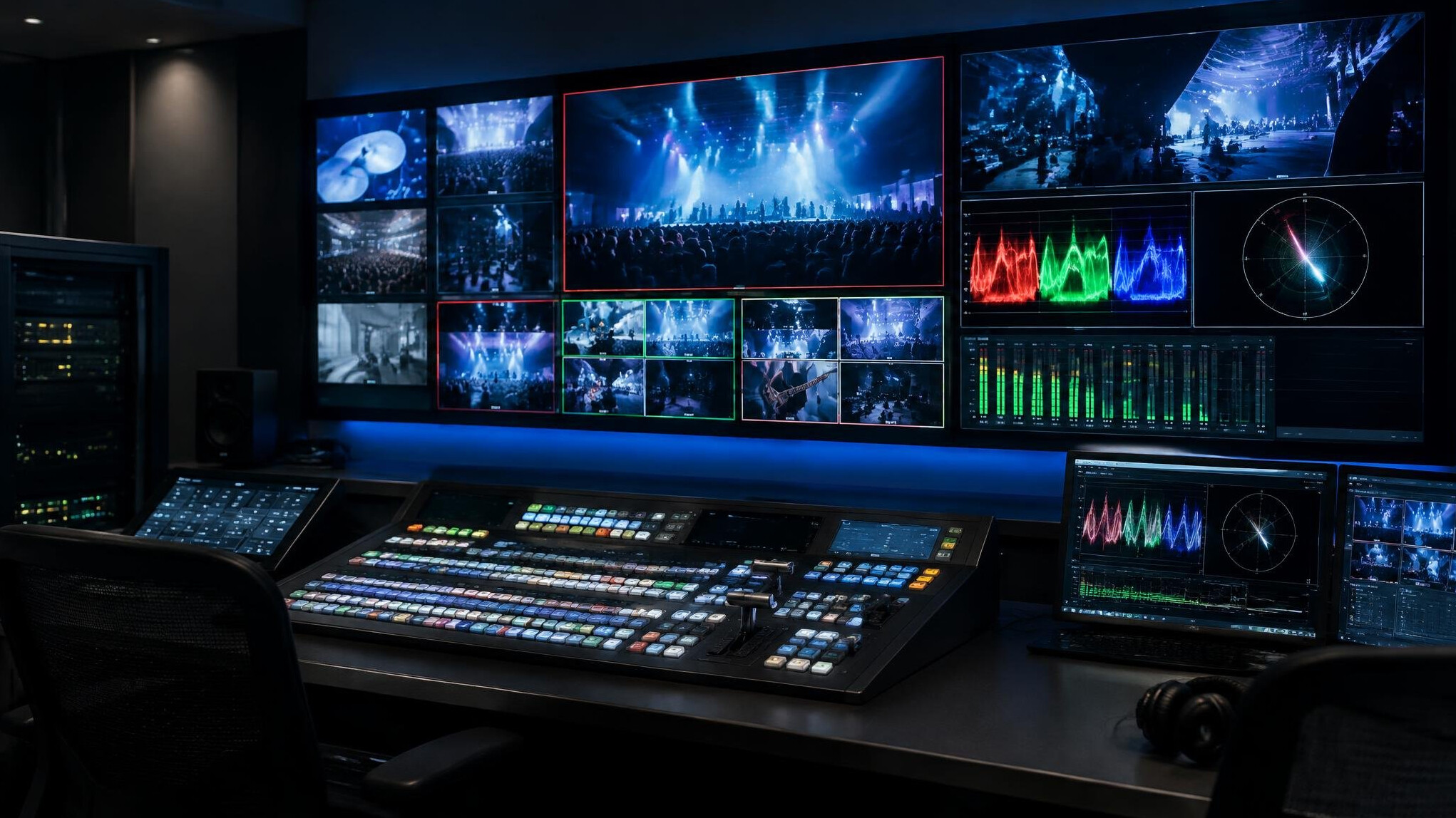 Control room with multiple broadcast monitors