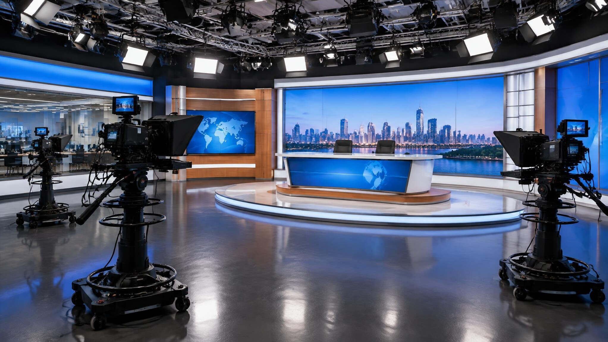 Modern television studio set with multiple cameras
